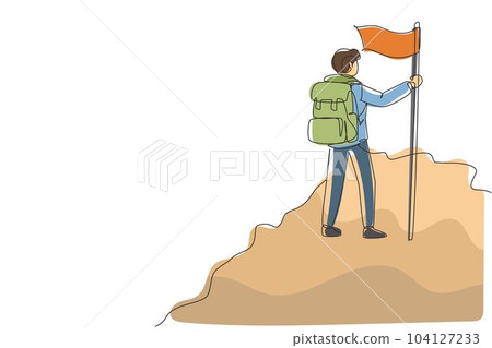 Single continuous line drawing cheerful man climber standing on the top of mountain with flag. Young smiling mountaineer climbing on a rock. Dynamic one line draw graphic design vector illustration 104127233