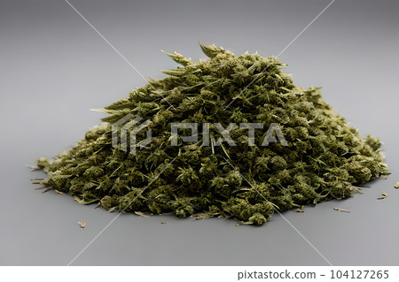 Pile of dried cannabis marijuana seed and bud isolated on blue. Pile of dried cannabis marijuana seed and bud isolated on blue. 104127265