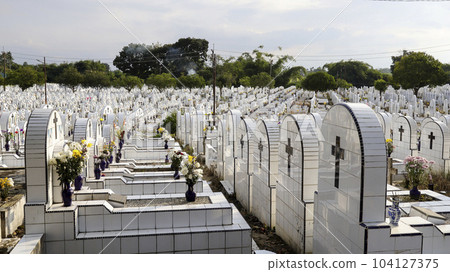 The public cemetery contains identical white ceramic graves with flowers. 104127375