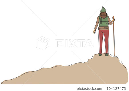 Single continuous line drawing woman with backpack standing on top of the mountain. Young smiling mountaineer climbing on rock. Highest point. Dynamic one line draw graphic design vector illustration 104127473