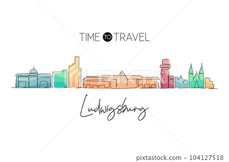 Single continuous line drawing Ludwigsburg skyline, Germany. Famous city scraper landscape. World travel home wall decor art poster print concept. One line draw graphic design vector illustration 104127518