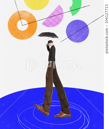 Professional crisis and difficulties. Businessman walking under umbrella with sad, worrying face. Challenges. Contemporary art collage. Professional crisis and difficulties. Businessman walking under umbrella with sad, worrying face. Challenges. Contemporary art collage. 104127715