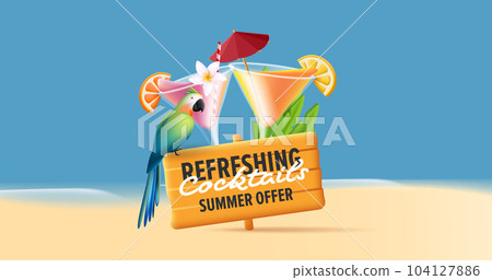 Summer cocktail pirate party poster with 3D margarita cocktail, with parrot and wooden board with promo text Summer cocktail pirate party poster with 3D margarita cocktail, with parrot and wooden board with promo text 104127886