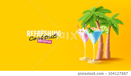 Summer cocktail disco party poster with 3D margarita cocktail, palm trees on yellow backdrop Summer cocktail disco party poster with 3D margarita cocktail, palm trees on yellow backdrop 104127887