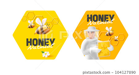 Set of honey jar labels with grapgic design 3d illustration of beekeeper and bees, packaging design 104127890