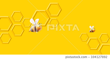 Background with volume honeycombs and rounded 3d render bees flying, yellow backdrop 104127892