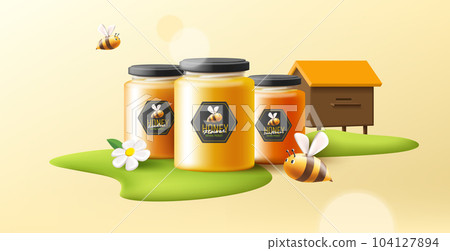 3d illustration of honey in a glass jars with flying bees and white flower on a green grass island with beehive 3d illustration of honey in a glass jars with flying bees and white flower on a green grass island with beehive 104127894