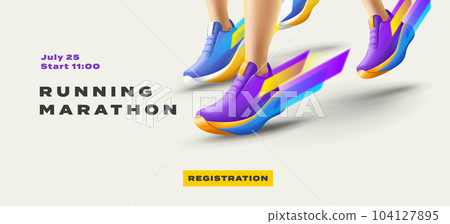 marathonposter with closeup lags of tight competition run for win, sneakers with speed movement stripes, 3d style 104127895