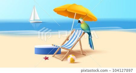 Holiday sea landscape with 3d summer composition with product placement pedestal on the beach with beach chair and umbrella with coconut cocktail and starfish and yaucht on the backdrop 104127897