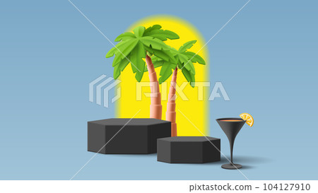Summer cocktail disco party composition with 3D plastic cosmopolitan cocktail, palm trees and arch with sun. Oldschool style 104127910