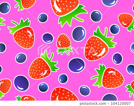 Strawberries and blueberries seamless pattern. Blueberries and strawberries in 3d style with gradient colors, summer berry mix on a pink background. Design for banner and poster. Vector illustration 104128007