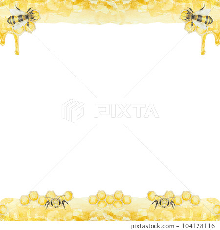 Watercolor hand drawn frame of bees and honey isolated on white background 104128116