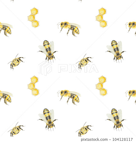 Watercolor hand drawn pattern of bees and honey isolated on white background 104128117