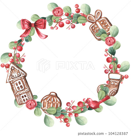 Circle wreath green branches with red berries and flower rose, ginger cookies and cotton on white background. New Year mood. For cards, decoration, invitation, print 104128387