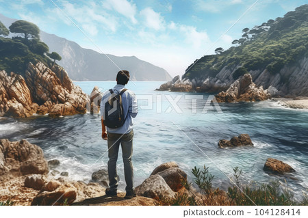 Hiker with backpack on a rocky ledge enjoys the view of a landscape with lake - AI content Hiker with backpack on a rocky ledge enjoys the view of a landscape with lake - AI content 104128414