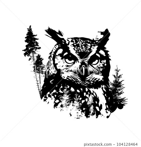 Monochrome graphic portrait of an owl in the forest. Abstraction trees and owl. Print for t-shirt or tattoo, graffiti style. Vector illustration Monochrome graphic portrait of an owl in the forest. Abstraction trees and owl. Print for t-shirt or tattoo, graffiti style. Vector illustration 104128464