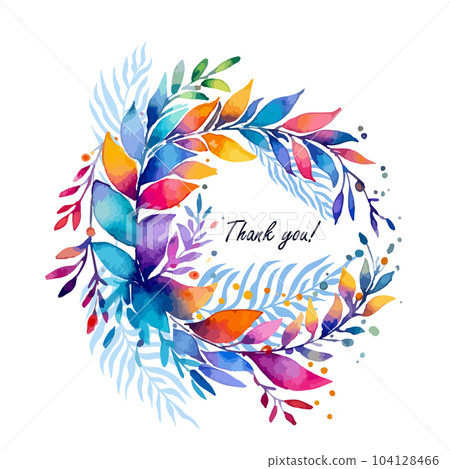 Postcard. Thank you. Wreath of colored leaves. Vector illustration 104128466