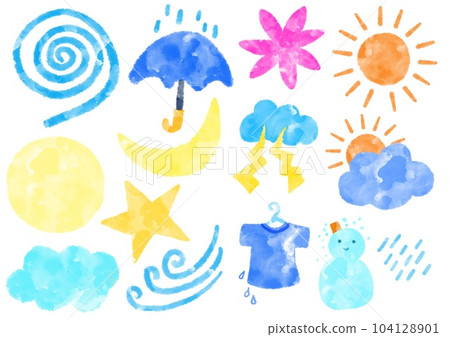 晴、陰、雨、風、颱風等彩色天氣圖標手繪插畫素材集 104128901