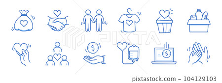 Charity hand, money, care heart doodle line icon. Charity donate, support, blood donor concept icon set. Volunteer heart, donate food hand drawn doodle sketch style line. Vector Charity hand, money, care heart doodle line icon. Charity donate, support, blood donor concept icon set. Volunteer heart, donate food hand drawn doodle sketch style line. Vector 104129103