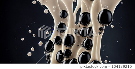 Bubble milk tea with tapioca balls splashing against black background. Taiwan milk tea with Boba or black pearl bubbles. Taiwanese drinking. Orange Latte milktea splash isolated on black. Close up. 104129210