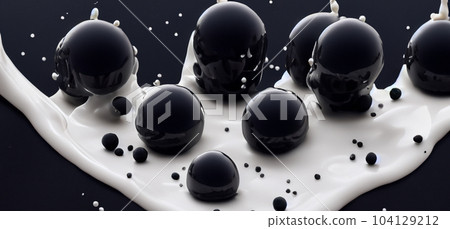 Bubble milk tea with tapioca balls splashing against black background. Taiwan milk tea with Boba or black pearl bubbles. Taiwanese drinking. Orange Latte milktea splash isolated on black. Close up. 104129212