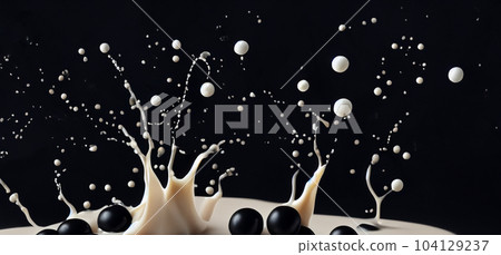 Bubble milk tea with tapioca balls splashing against black background. Taiwan milk tea with Boba or black pearl bubbles. Taiwanese drinking. Orange Latte milktea splash isolated on black. Close up. Bubble milk tea with tapioca balls splashing against black background. Taiwan milk tea with Boba or black pearl bubbles. Taiwanese drinking. Orange Latte milktea splash isolated on black. Close up. 104129237
