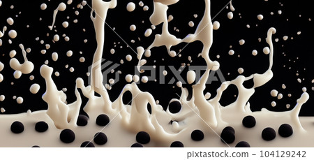 Bubble milk tea with tapioca balls splashing against black background. Taiwan milk tea with Boba or black pearl bubbles. Taiwanese drinking. Orange Latte milktea splash isolated on black. Close up. 104129242
