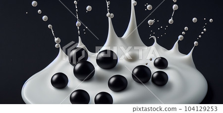 Bubble milk tea with tapioca balls splashing against black background. Taiwan milk tea with Boba or black pearl bubbles. Taiwanese drinking. Orange Latte milktea splash isolated on black. Close up. 104129253
