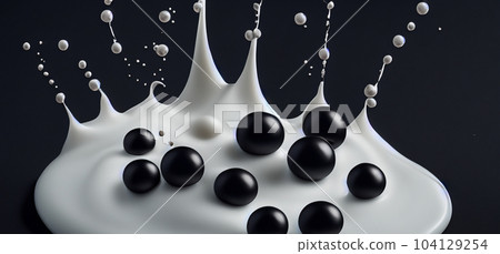 Bubble milk tea with tapioca balls splashing against black background. Taiwan milk tea with Boba or black pearl bubbles. Taiwanese drinking. Orange Latte milktea splash isolated on black. Close up. 104129254
