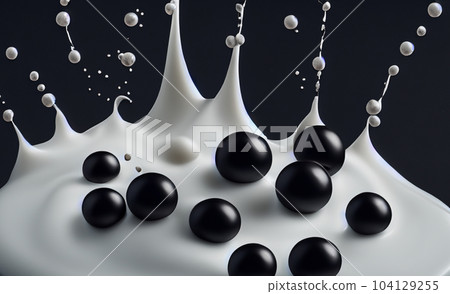 Bubble milk tea with tapioca balls splashing against black background. Taiwan milk tea with Boba or black pearl bubbles. Taiwanese drinking. Orange Latte milktea splash isolated on black. Close up. 104129255