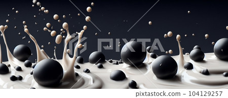 Bubble milk tea with tapioca balls splashing against black background. Taiwan milk tea with Boba or black pearl bubbles. Taiwanese drinking. Orange Latte milktea splash isolated on black. Close up. Bubble milk tea with tapioca balls splashing against black background. Taiwan milk tea with Boba or black pearl bubbles. Taiwanese drinking. Orange Latte milktea splash isolated on black. Close up. 104129257