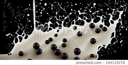Bubble milk tea with tapioca balls splashing against black background. Taiwan milk tea with Boba or black pearl bubbles. Taiwanese drinking. Orange Latte milktea splash isolated on black. Close up. Bubble milk tea with tapioca balls splashing against black background. Taiwan milk tea with Boba or black pearl bubbles. Taiwanese drinking. Orange Latte milktea splash isolated on black. Close up. 104129258