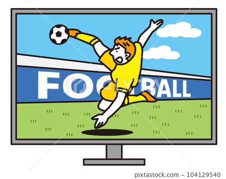 A big screen television showing a player taking an overhead kick A big screen television showing a player taking an overhead kick 104129540