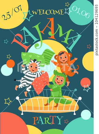 Pajama party invitation. Kids in funny overalls. Happy children in animal costumes. Pillow fight. Bed jumping. Funny nightwear kigurumi. Holiday invite flyer design. Splendid vector concept 104129693