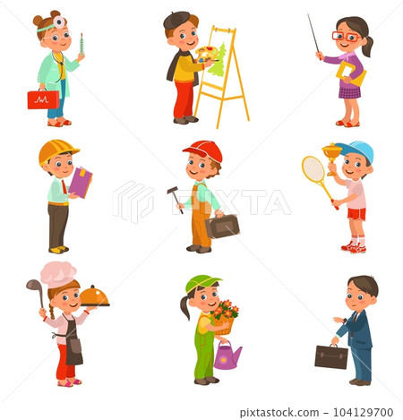 Kids professions. Funny little children. Different professional uniforms. Doctor and builder. Businessman holding briefcase. Tennis sportsman. People occupation. Splendid vector set Kids professions. Funny little children. Different professional uniforms. Doctor and builder. Businessman holding briefcase. Tennis sportsman. People occupation. Splendid vector set 104129700