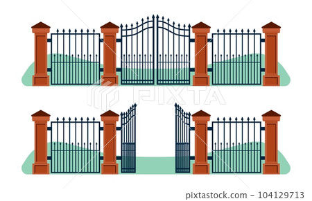 Iron fence with open and closed gates and stone posts. Wrought metal fencing. Forged ornament. Steel border construction. Yard entrance. Elegance architecture elements. Vector concept 104129713
