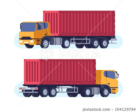 Cargo truck for transportation of large sea containers. Lorry freight delivery. Auto trailer with heavy box. Automobile side view. Warehouse logistics. Goods trucking. Vector concept 104129794