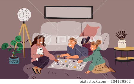 Board game process. Teenagers playing on floor. Living room. Home interior. Children move chips on map. Boy and girls group. Friends activity. Kids entertainment. Garish vector concept 104129802