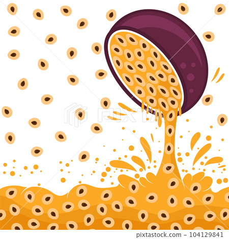 Vector Passion Fruit Pattern with Brown Seeds on Orange Background. Tropical Food Texture Vector Passion Fruit Pattern with Brown Seeds on Orange Background. Tropical Food Texture 104129841