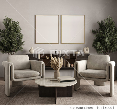 Luxury living room with gray wall and lounge furniture - taupe chairs. Empty space for art or 2 pictures. Rich interior design. Mockup of room or hall. 3d rendering. High quality 3d illustration 104130001