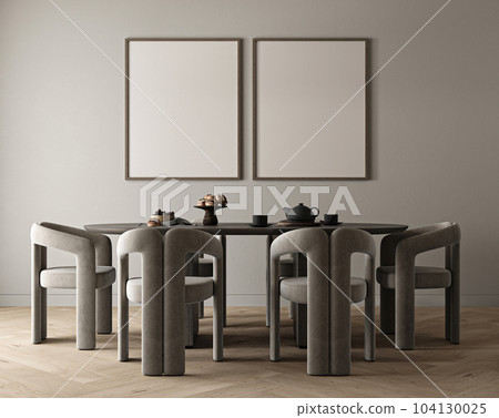 Mockup two posters in modern diningroom interior design with gray empty wall, large table and served. Modern kitchen front view. 3d rendering. High quality 3d illustration Mockup two posters in modern diningroom interior design with gray empty wall, large table and served. Modern kitchen front view. 3d rendering. High quality 3d illustration 104130025