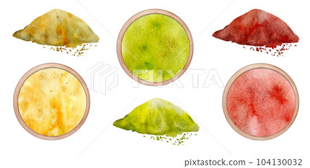 Hand drawn watercolor red, yellow, green coloring dye powder, for hobby, handmade fabric wool paper. Illustration isolated object on white background. Shop logo, print, website, business card, booklet 104130032