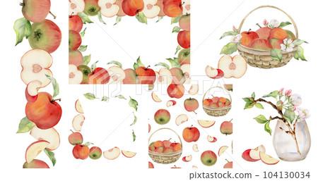 Hand drawn watercolor set with frames, wreaths and compositions. Apple fruit, flowers, leaves, branches. Isolated object on white background. Design for wall art, wedding, print, fabric, cover, card. Hand drawn watercolor set with frames, wreaths and compositions. Apple fruit, flowers, leaves, branches. Isolated object on white background. Design for wall art, wedding, print, fabric, cover, card. 104130034