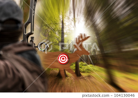 Archer Takes Aim with a Hunting Compound Bow - Deer in the Viewfinder 104130046