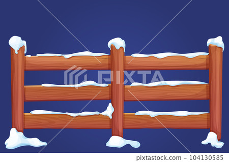 Wooden fence with snow barrier construction in cartoon style isolated. Game element, background, detailed asset. Wooden fence with snow barrier construction in cartoon style isolated. Game element, background, detailed asset. 104130585