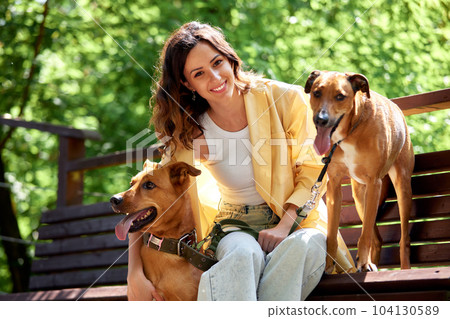 A young charming smiling girl is resting on a bench while walking in the park with two golden dogs. The girl hugs her pets. Love and affection between owner and pet. Adopting a pet from a shelter. 104130589
