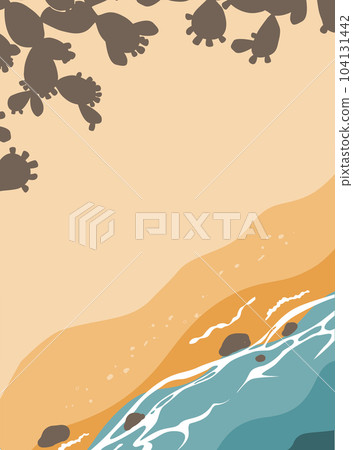 Top view of sea beach with prickly pear cactus shadows. Summer rest concept. Ocean beach with soft waves. Vertical vector background with seashells on sea sand Top view of sea beach with prickly pear cactus shadows. Summer rest concept. Ocean beach with soft waves. Vertical vector background with seashells on sea sand 104131442