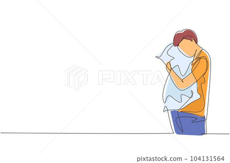 Single continuous line drawing tired male hugs pillow. Young man stands with his eyes closed and is about to go to bed. Theme of recreation and health. One line draw graphic design vector illustration Single continuous line drawing tired male hugs pillow. Young man stands with his eyes closed and is about to go to bed. Theme of recreation and health. One line draw graphic design vector illustration 104131564