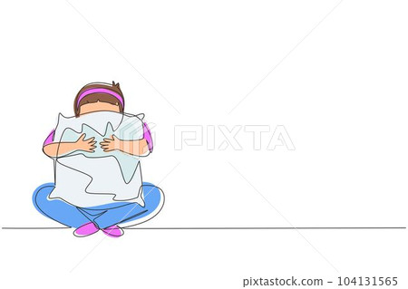 Single continuous line drawing little boy holding pillow ready to sleep. Happy child wearing pajamas going to bed. He has a good night and sweet dream. One line draw graphic design vector illustration Single continuous line drawing little boy holding pillow ready to sleep. Happy child wearing pajamas going to bed. He has a good night and sweet dream. One line draw graphic design vector illustration 104131565