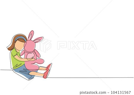 Continuous one line drawing little girl hug her doll and cry or scared or sad or feel bad or in trouble. Sitting on floor. Concept of orphan kid. Single line draw design vector graphic illustration Continuous one line drawing little girl hug her doll and cry or scared or sad or feel bad or in trouble. Sitting on floor. Concept of orphan kid. Single line draw design vector graphic illustration 104131567